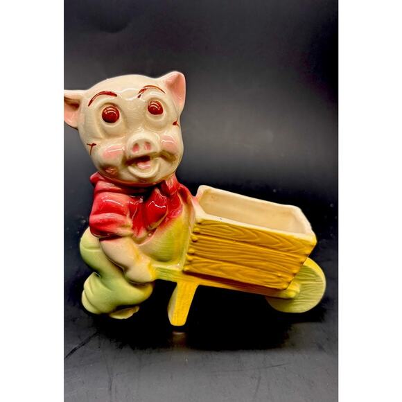 Vintage 1950s Shawnee Pottery Pig Planter, "Smiley Porky Pig" w/Wheelbarrow - Picture 8 of 15
